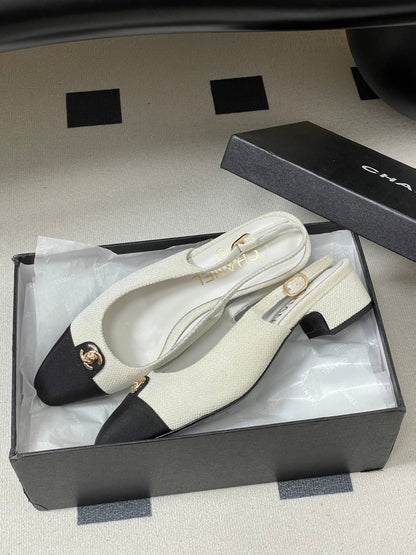 Chanel 25 Slingback Black White Lambskin Fabric 473211