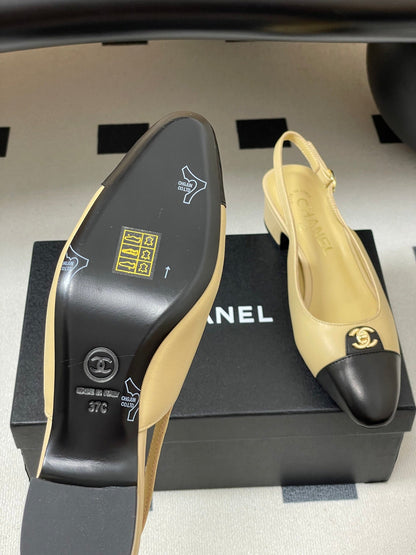 Chanel 25 Slingback 30mm Beige Black Lambskin 473213