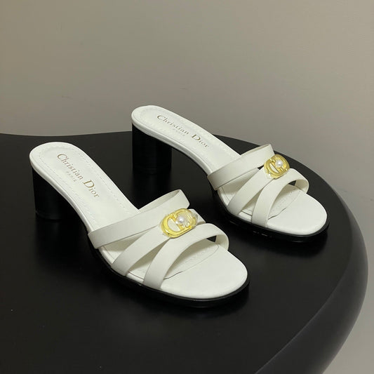 CD 26 Chunky Heel Sandals 50 White Leather 593525
