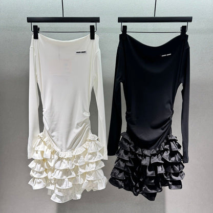 Miumiu 2026 Off-the-shoulder Tiered Dress Black and White Cotton