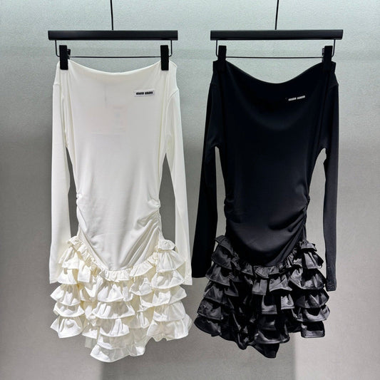Miumiu 2026 Off-the-shoulder Tiered Dress Black and White Cotton