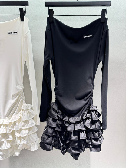 Miumiu 2026 Off-the-shoulder Tiered Dress Black and White Cotton