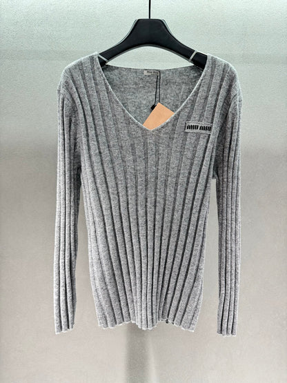 Miumiu 2026 V-neck Sweater Grey Wool Cashmere