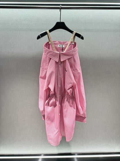 Miumiu 2026 Off-the-shoulder Striped Shirt Dress Pink Cotton