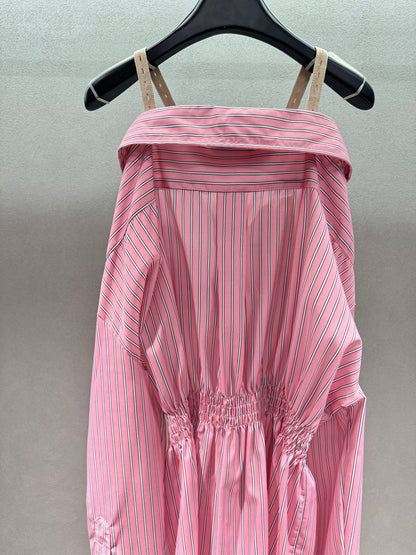 Miumiu 2026 Off-the-shoulder Striped Shirt Dress Pink Cotton