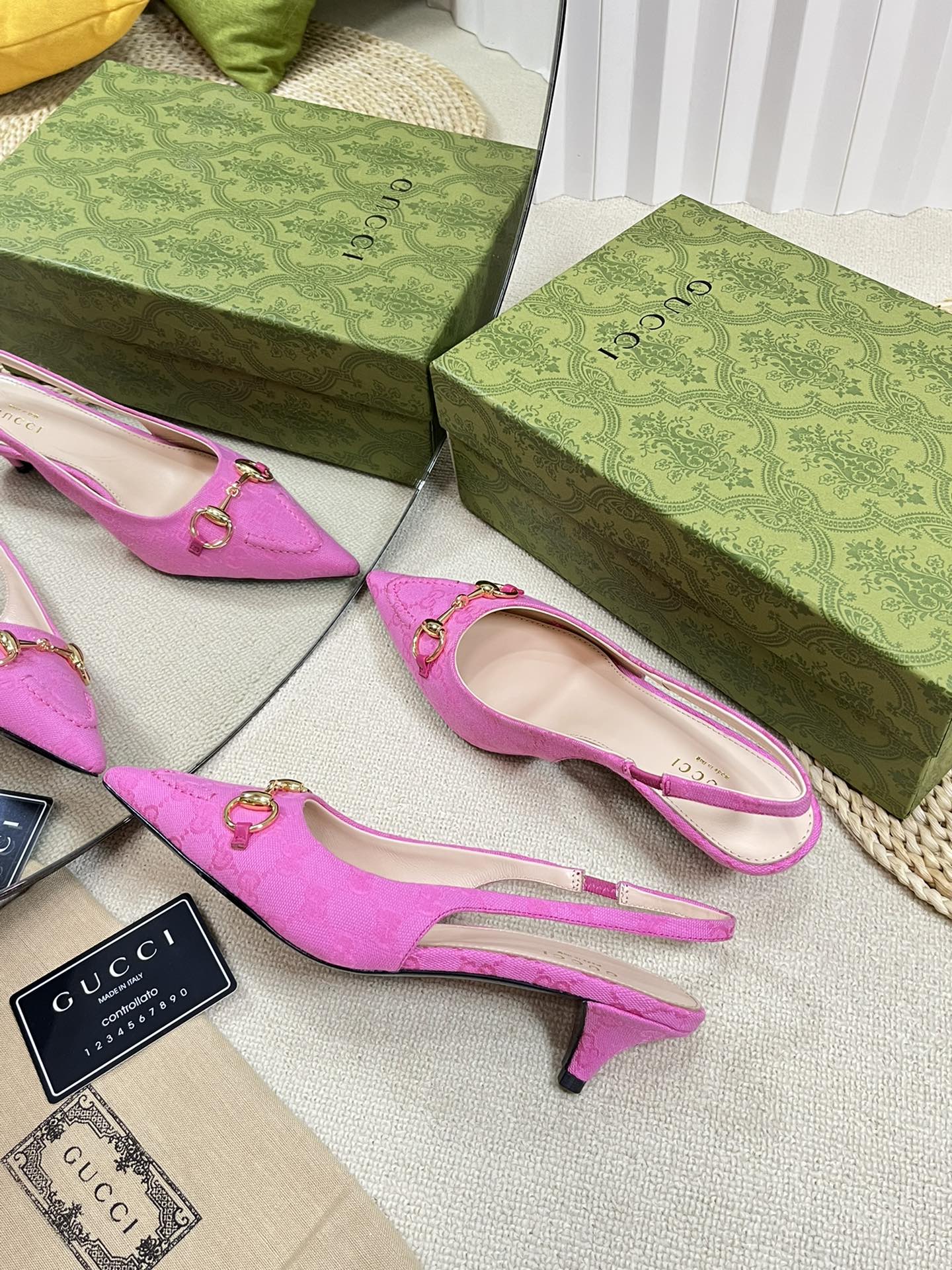 GC Horsebit Slingback Pump 50mm Pink Canvas Sheepskin 294547