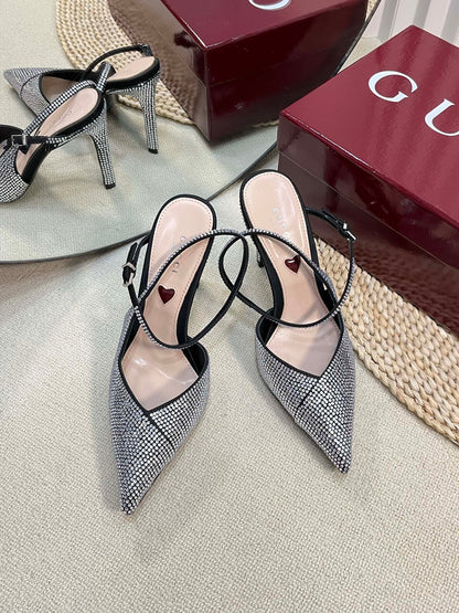 GC Crystal-Embellished Slingbacks Black Silk Sheepskin 294611