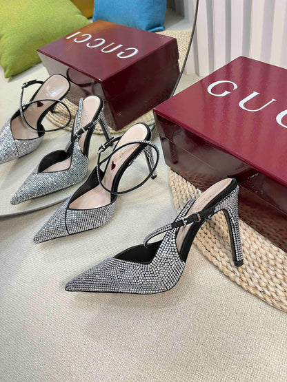 GC Crystal-Embellished Slingbacks Black Silk Sheepskin 294611