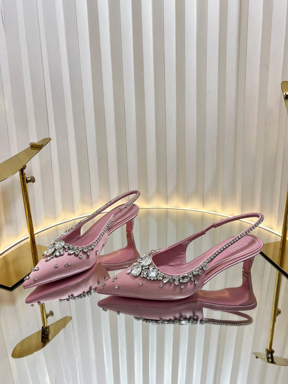 GC 2025 Crystal Embellished 55mm High Heels Slingbacks Pink Silk Sheepskin 294527