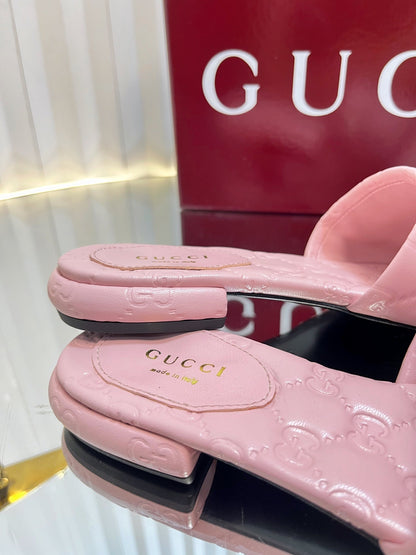 GC Double G Slide Sandals Pink Embossed Leather 294633