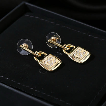 CC Lock Shaped Gold Diamond Earring