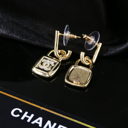 CC Lock Shaped Gold Diamond Earring