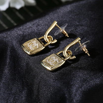 CC Lock Shaped Gold Diamond Earring