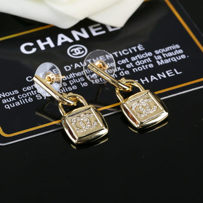 CC Lock Shaped Gold Diamond Earring