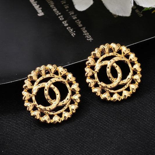 CC Metal Heart Double C Gold Earrings