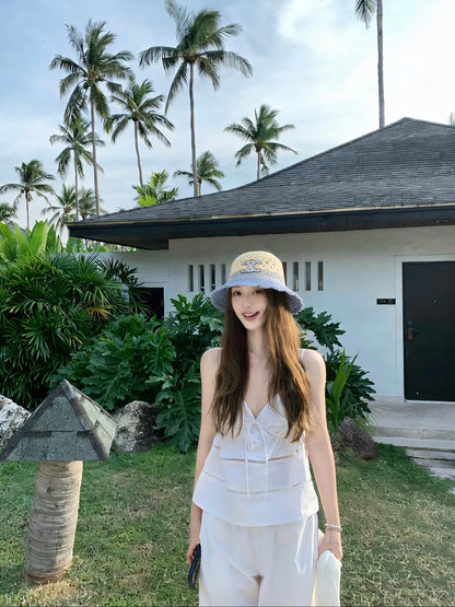 Celine Hollow-out Woven Arc de Triomphe Straw Bucket Hat 322140