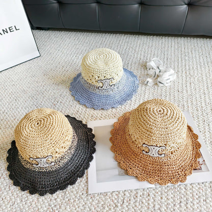 Celine Hollow-out Woven Arc de Triomphe Straw Bucket Hat 322140