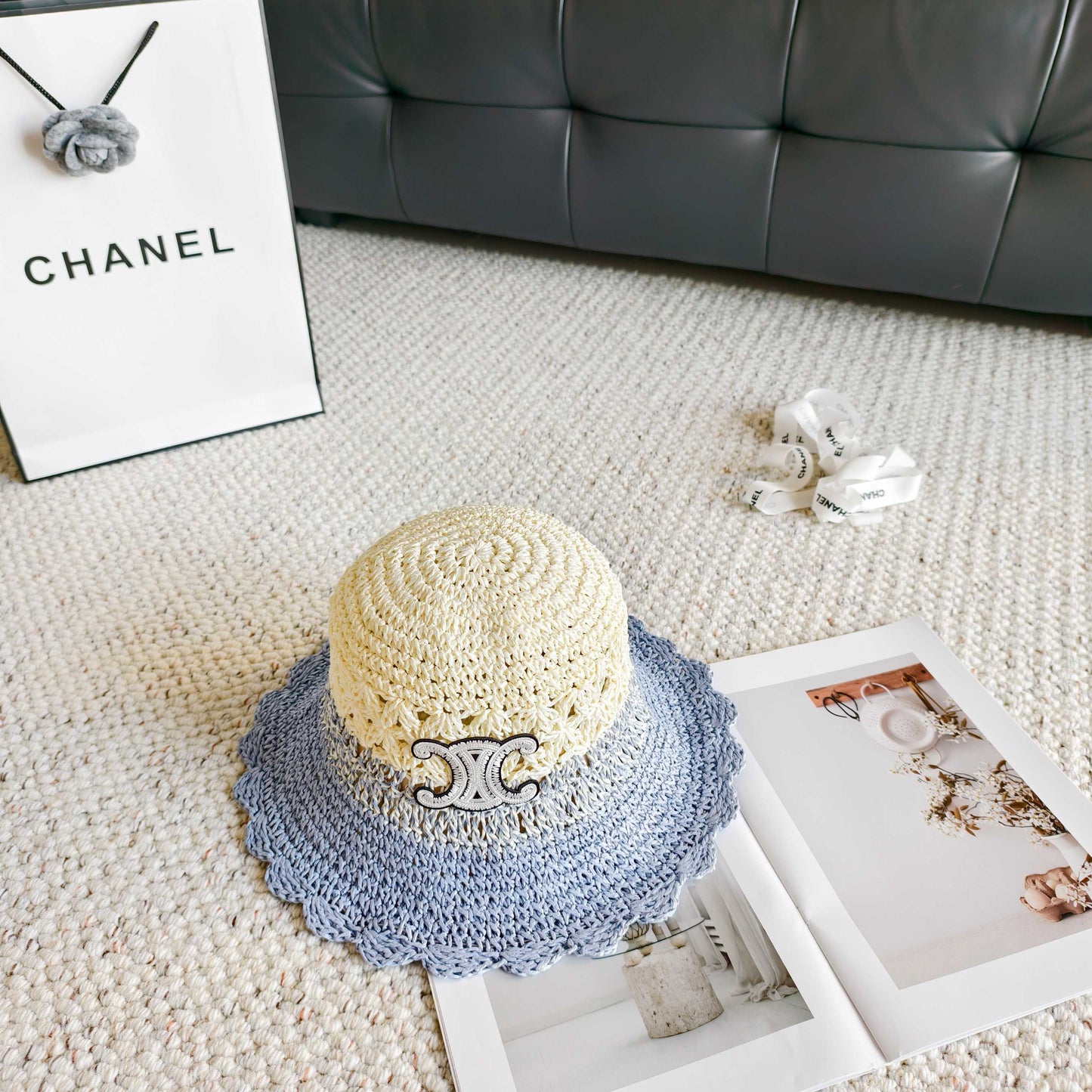 Celine Hollow-out Woven Arc de Triomphe Straw Bucket Hat 322140