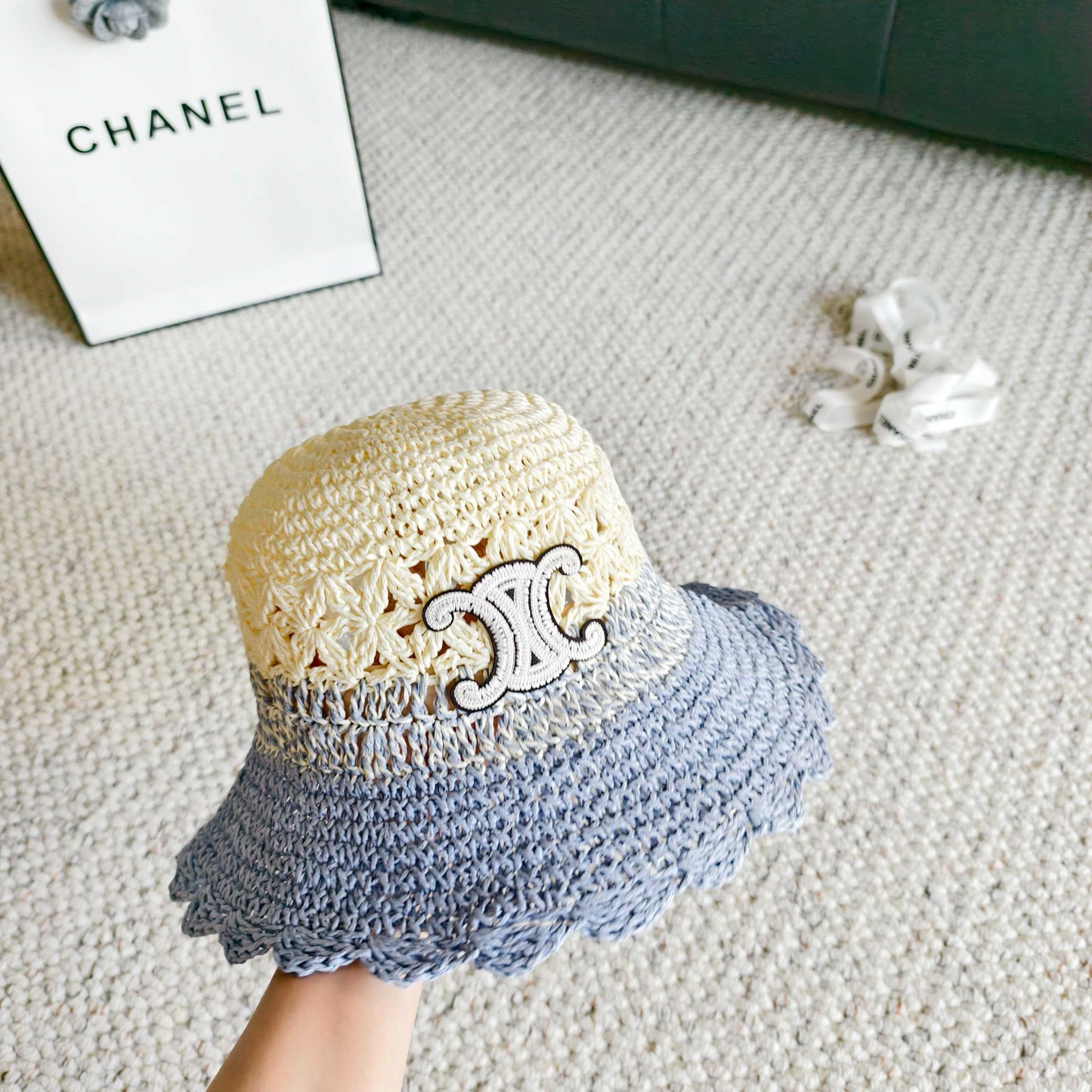 Celine Hollow-out Woven Arc de Triomphe Straw Bucket Hat 322140