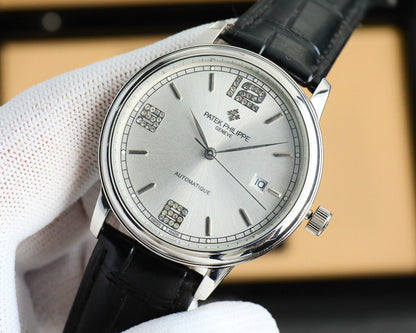 Patek Philippe Calatrava 40mm Gemstone-set Hour Marker Silver Dial Black Leather Strap