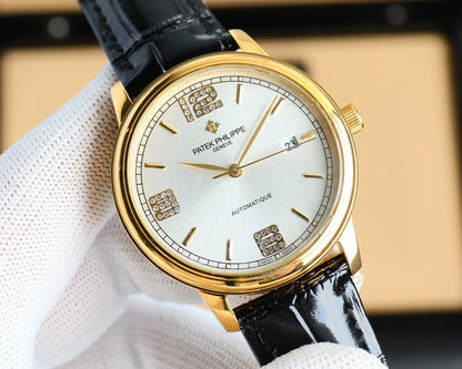 Patek Philippe Calatrava 40mm Gemstone-set Hour Marker Gold Case Black Leather Strap