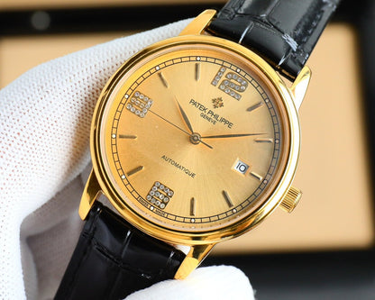 Patek Philippe Calatrava 40mm Gemstone-set Hour Marker Gold Dial Black Leather Strap