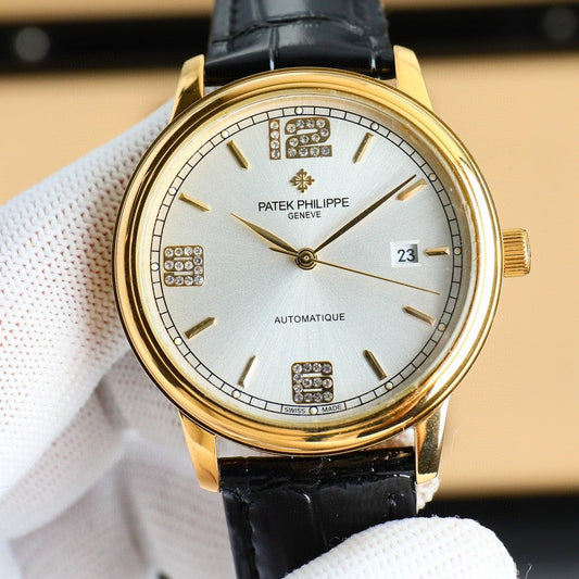 Patek Philippe Calatrava 40mm Gemstone-set Hour Marker Gold Case Black Leather Strap