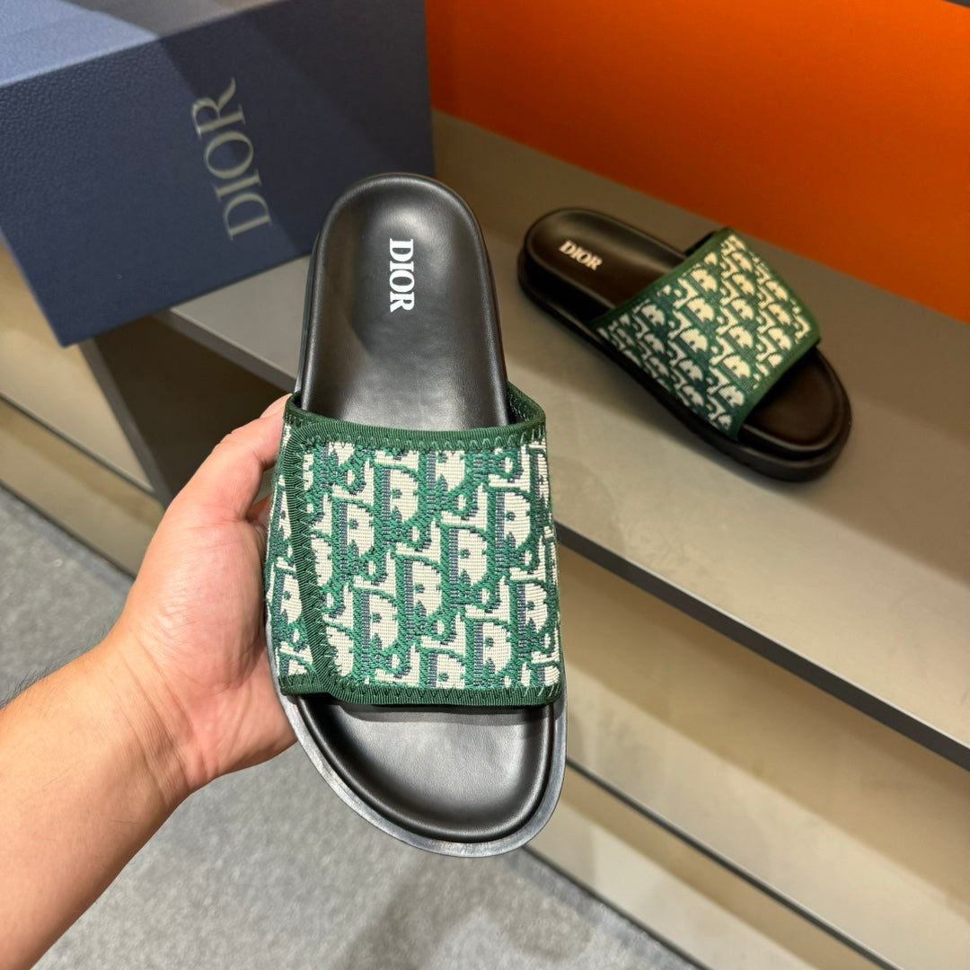 CD VELCRO STRAP SLIPPER DARK GREEN JACQUARD