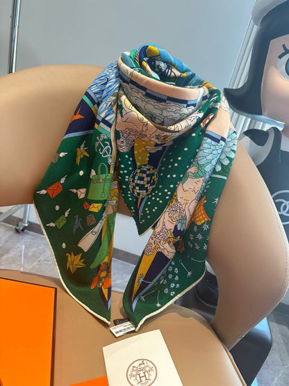 Flagship Scarf 140 CM In Dark Green Colorful Cashmere And Mulberry Silk 376506