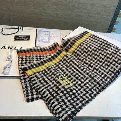 CC Scarf 190 CM In Black White Mix Orange Yellow Serrated Shape Cashmere 387912
