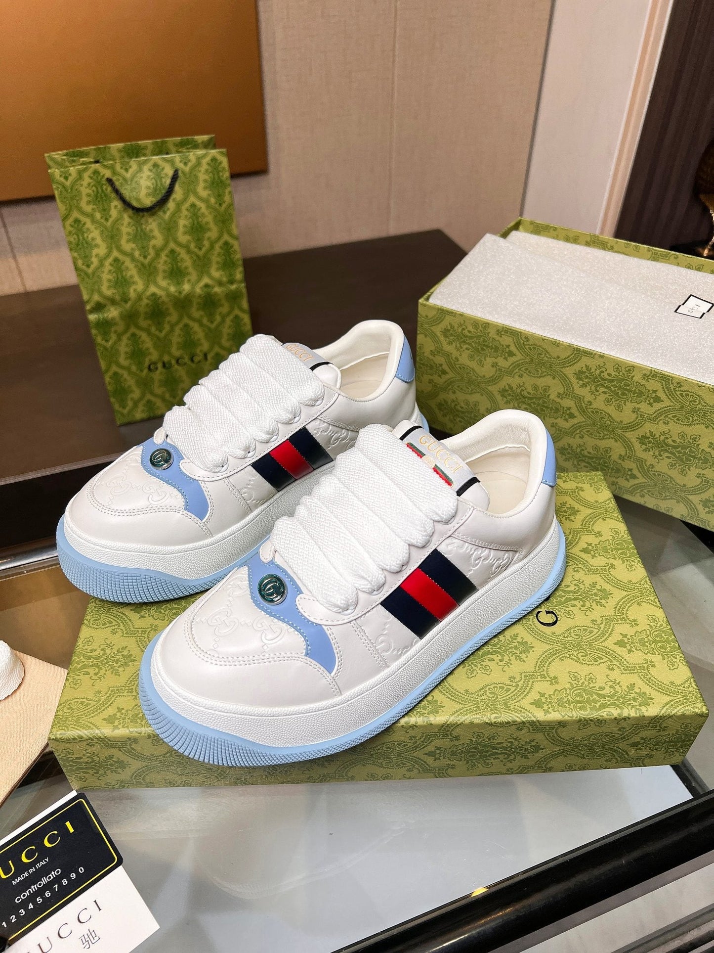 GG Men's Screener Sneaker White Blue Canvas Sheepskin 523602