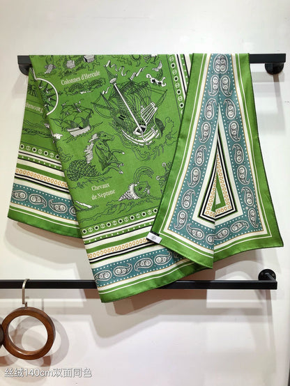 HM 26ss Amazon  Scarf 90 Green Colorful Twill Silk 126340