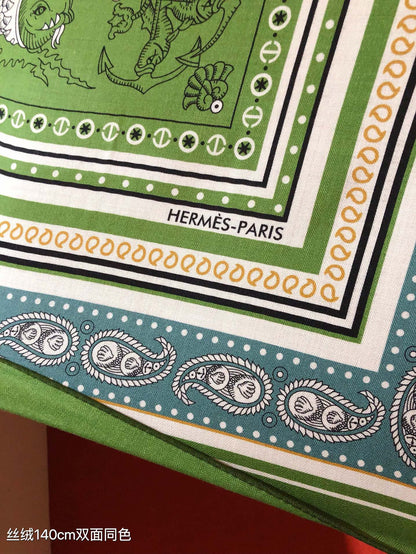 HM 26ss Amazon  Scarf 90 Green Colorful Twill Silk 126340