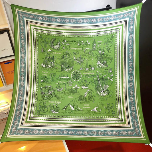 HM 26ss Amazon  Scarf 90 Green Colorful Twill Silk 126340