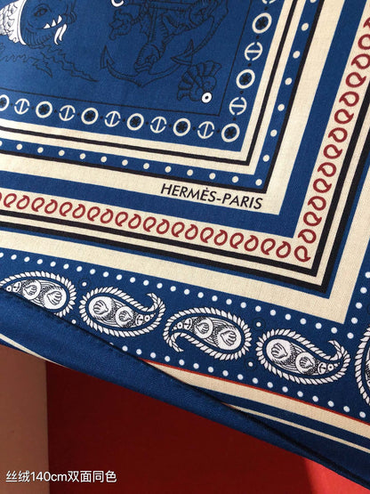 HM 26ss Amazon  Scarf 90 Blue Colorful Twill Silk 126339