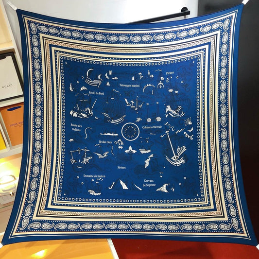 HM 26ss Amazon  Scarf 90 Blue Colorful Twill Silk 126339
