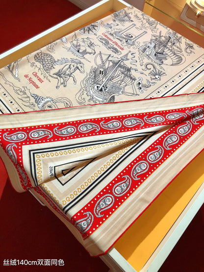 HM 26ss Amazon  Scarf 90 Beige Red Colorful Twill Silk 126341