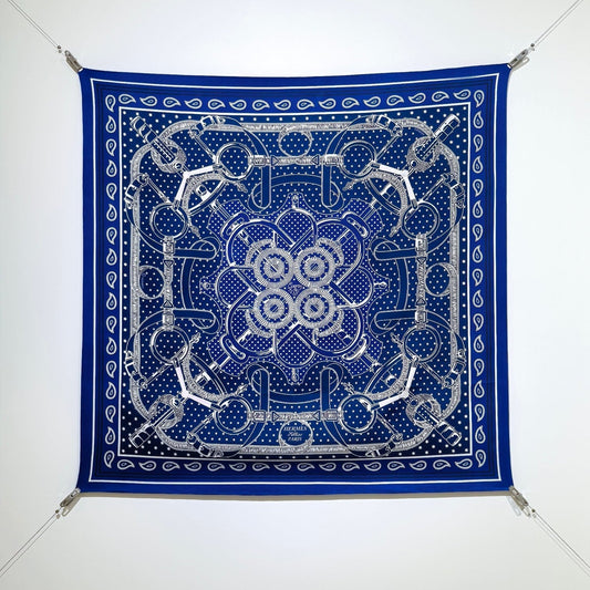 HM 26s Horse Scarf 90 Dark Blue Colorful Cashmere Silk 138043