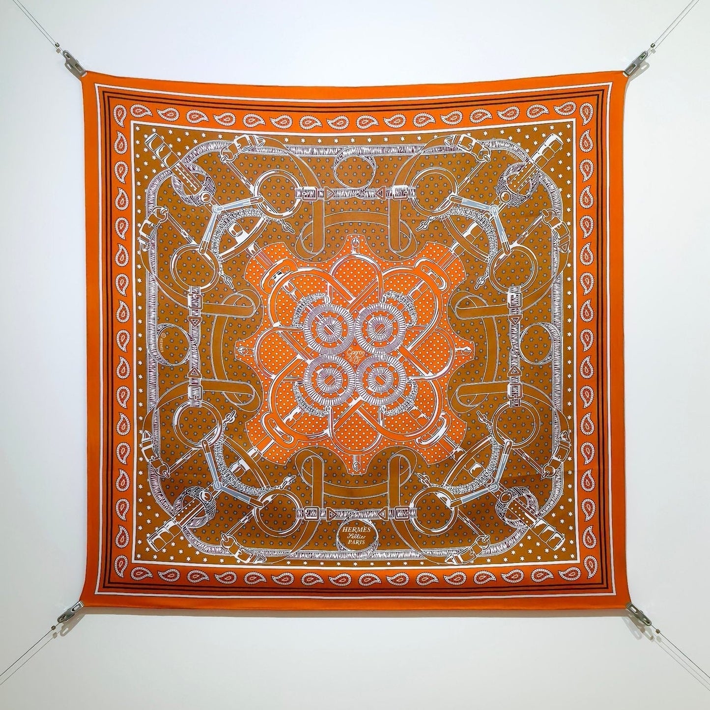 HM 26s Horse Scarf 90 Orange Colorful Cashmere Silk 138044