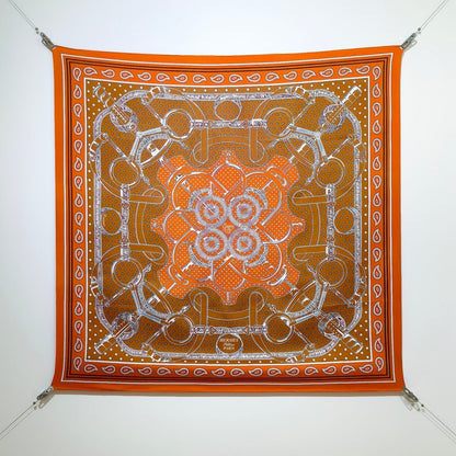 HM 26s Horse Scarf 90 Orange Colorful Cashmere Silk 138044