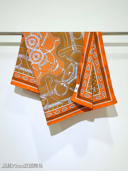 HM 26s Horse Scarf 90 Orange Colorful Cashmere Silk 138044
