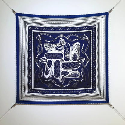 HM 26ss Amazon  Scarf 90 Dark Blue White Twill Silk 132411