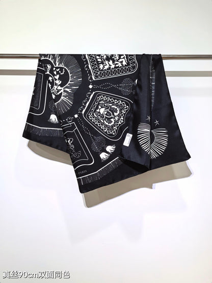 HM 26ss Double Sided Scarf 90 Black Twill Silk 134422