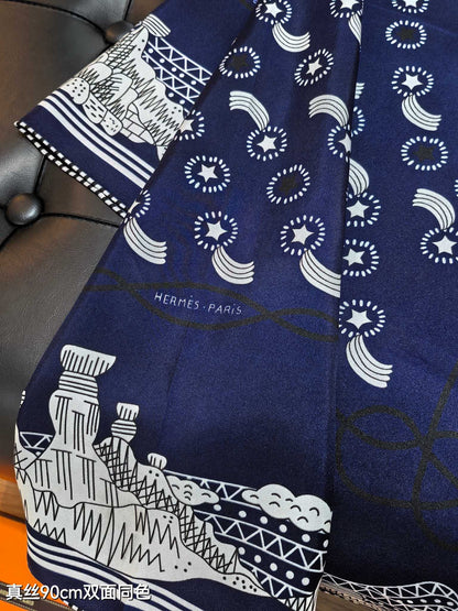 HM 26ss Amazon Scarf 90 Navy Blue Twill Silk 126312