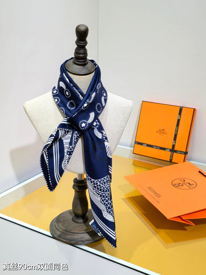 HM 26ss Amazon Scarf 90 Navy Blue Twill Silk 126312