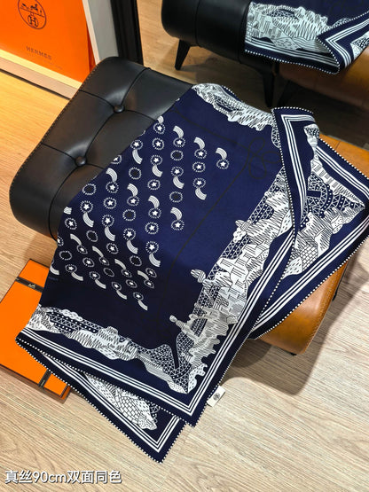 HM 26ss Amazon Scarf 90 Navy Blue Twill Silk 126312