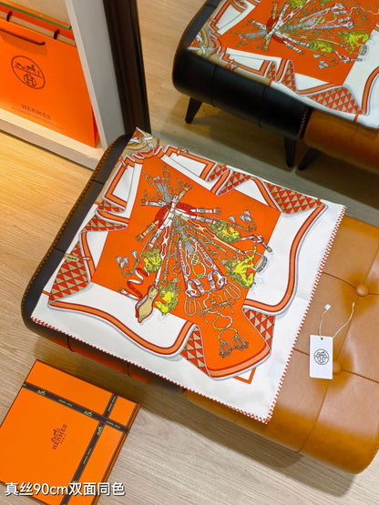 HM 26ss Double Sided Scarf 90 Orange Colorful Twill Silk 134428
