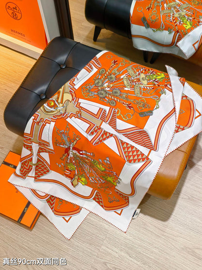 HM 26ss Double Sided Scarf 90 Orange Colorful Twill Silk 134428