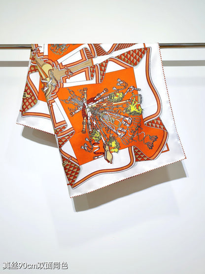 HM 26ss Double Sided Scarf 90 Orange Colorful Twill Silk 134428