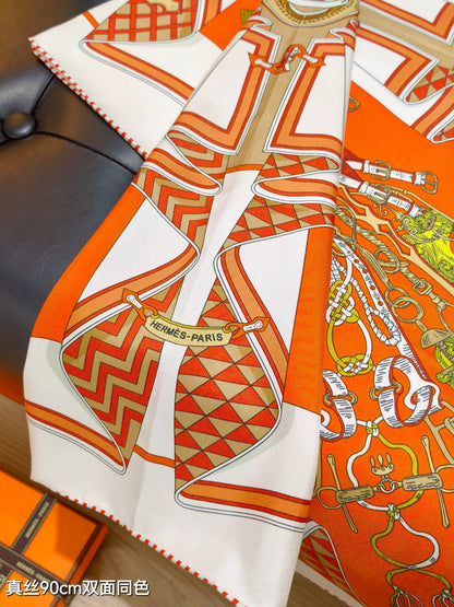 HM 26ss Double Sided Scarf 90 Orange Colorful Twill Silk 134428